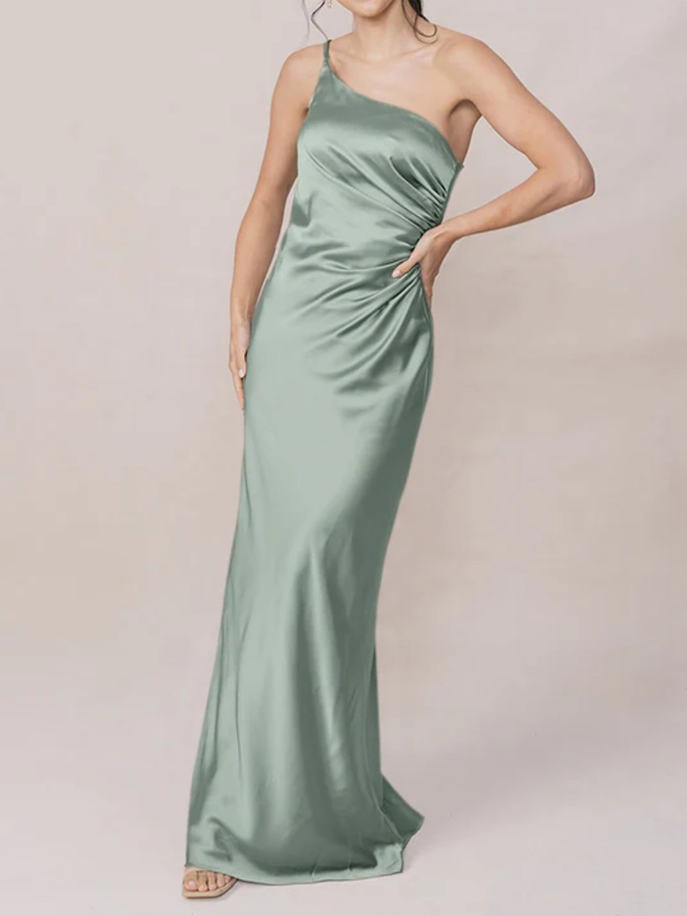 Revelry One-Shoulder Sage Green Satin Gown